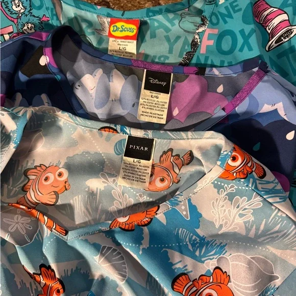 Disney Pixar Cartoon Print Scrub Tops Eeyore Nemo Dr Seuss lot of 3 size Large - Picture 2 of 8